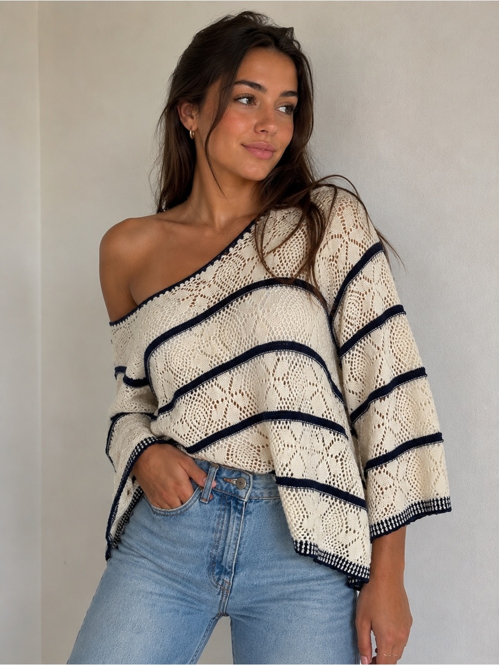 Free People Cream Poncho Crochet Flower Cotton Sweater with Navy Trim